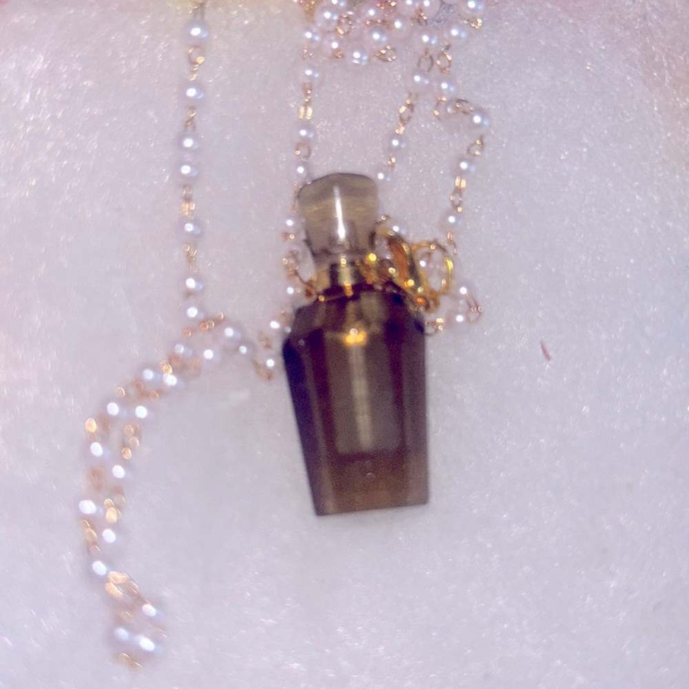 Smoky Quartz Perfume bottle Faux Pearl necklace 30”